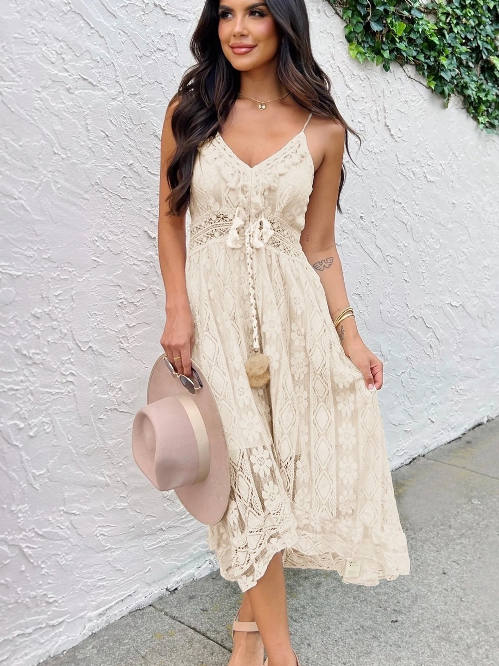 Boho Lace Midi Dress in Cream - Elegant Spaghetti Strap